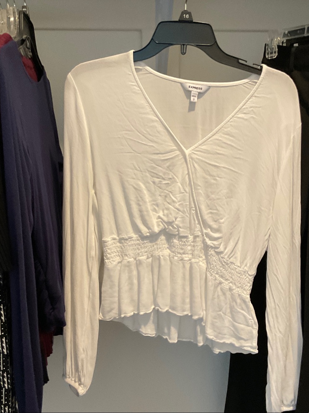 Express White Long Sleeve Smocked Wrap Blouse
